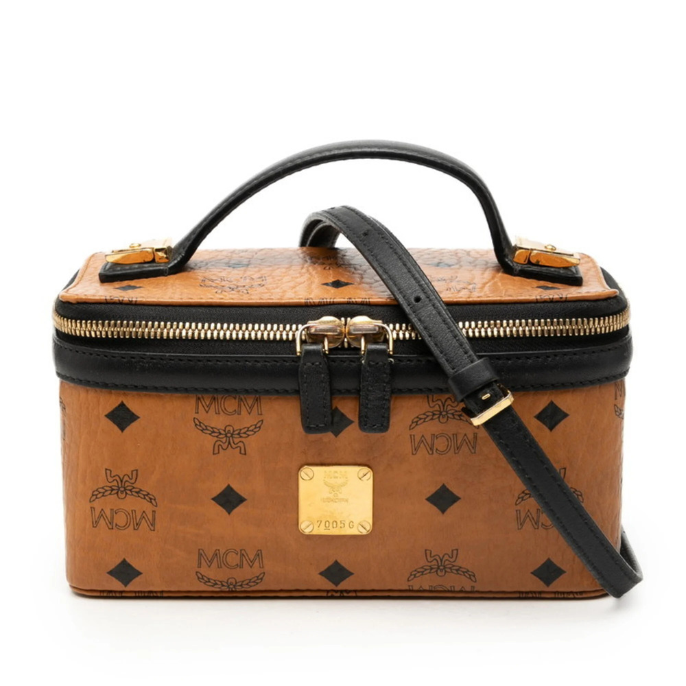 MCM Visetos Vanity Bag, Handbag, Shoulder 2-Way, Brown, Black Leather, Women's